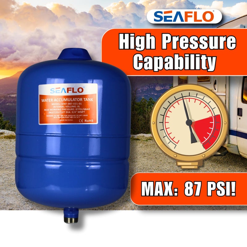 SEAFLO 2 Gallon Pre-Pressurized Accumulator Expansion Tank â€“ Reduces Pump Cycling, Smooth Water Flow, 87 PSI, 3/4" MNPT, Compact Design for RV, Marine, Boat & Off-Grid Systems â€“ 4-Year Warranty - Image 5